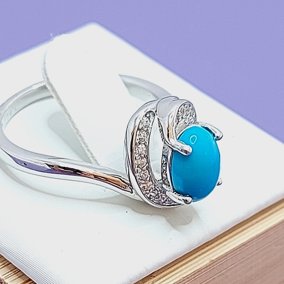 Natural Oval Blue Turquoise 8x6mm & Cz 925 Sterling Silver Ring Size 6 - Picture 6 of 10